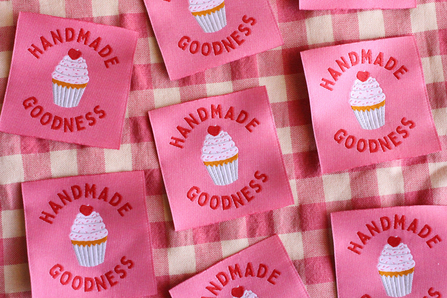 Handmade Goodness 5 Cupcake sewing labels by The Cosy Club Handmade, featuring colorful cupcake designs for craft projects.