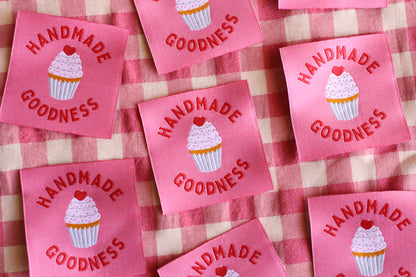 Handmade Goodness 5 Cupcake sewing labels by The Cosy Club Handmade, featuring colorful cupcake designs for craft projects.
