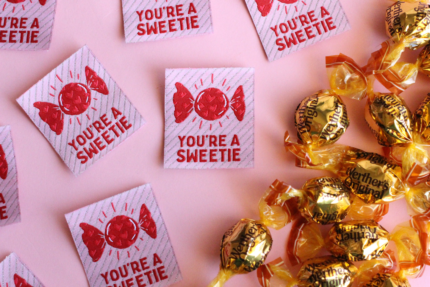 You're a SWEETIE candy sewing labels by The Cosy Club Handmade, featuring colorful, playful fabric labels for sewing crafts.