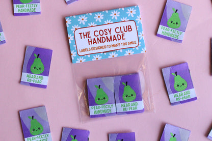 Handmade PEAR-fectly 6 double-sided woven labels from The Cosy Club Handmade, featuring colorful fruit designs and detailed stitching.