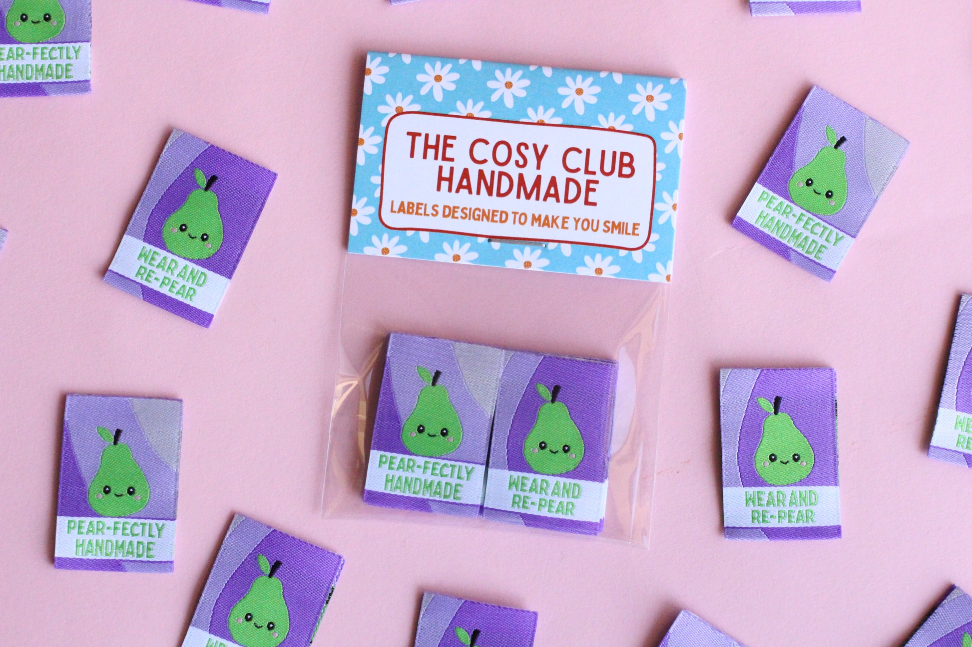 Six double-sided woven labels from PEAR-fectly Handmade by The Cosy Club Handmade displayed in the image.