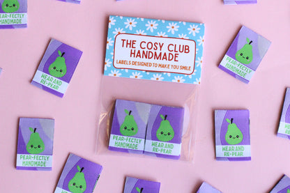 Six double-sided woven labels from PEAR-fectly Handmade by The Cosy Club Handmade displayed in the image.