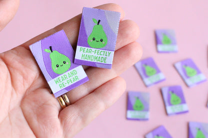 Handmade PEAR-fectly 6 double-sided woven labels from The Cosy Club Handmade, featuring intricate woven patterns and natural fibers.