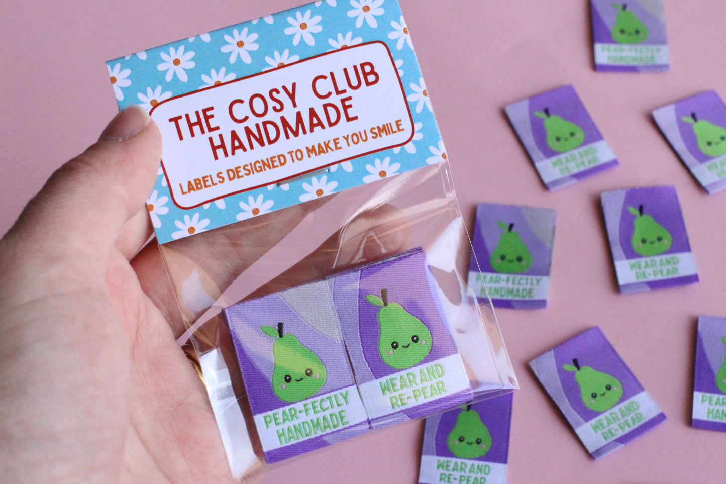 Six double-sided woven labels with "PEAR-fectly Handmade" branding by The Cosy Club Handmade, displayed on a neutral background.