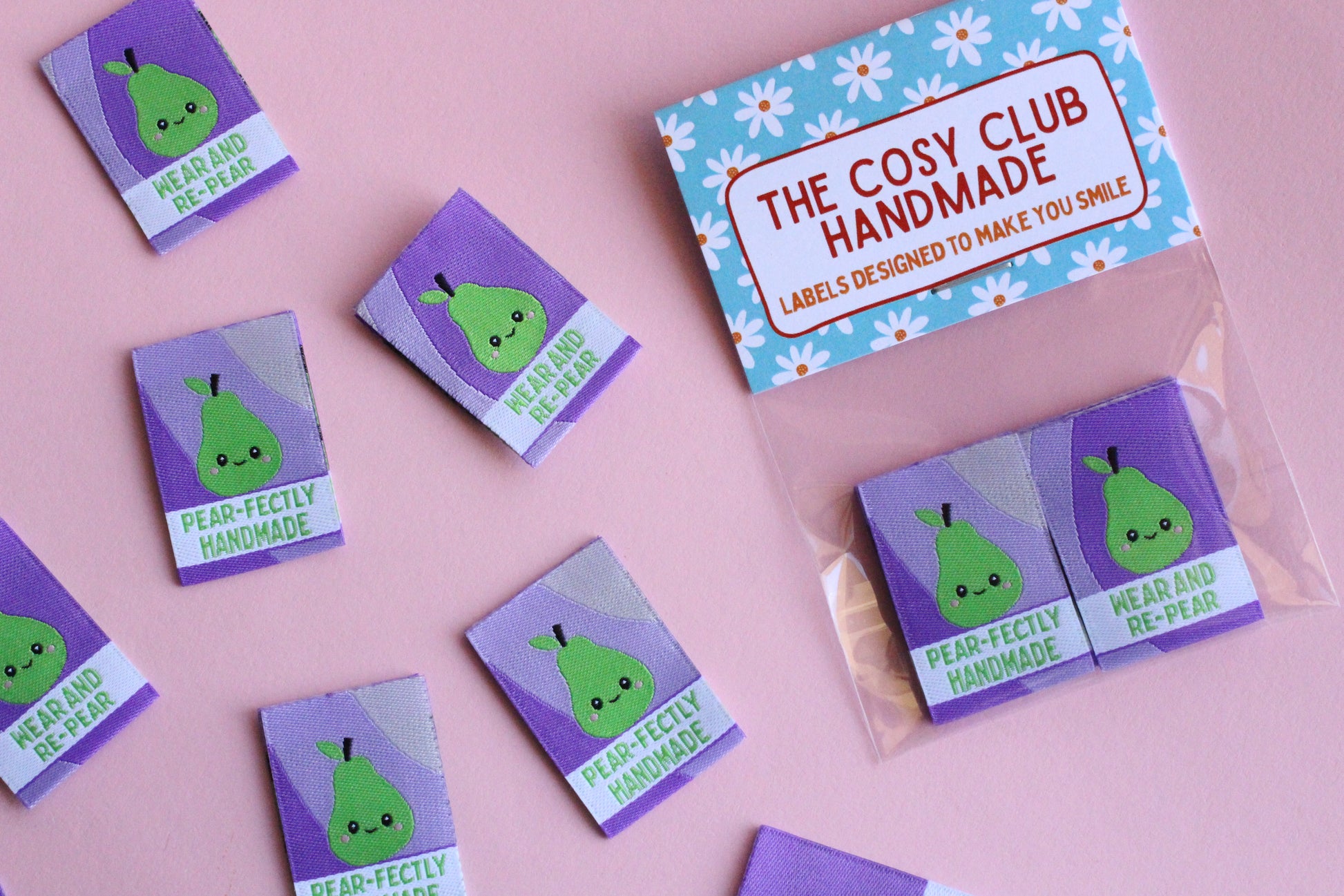 Six double-sided woven labels with "PEAR-fectly Handmade" design from The Cosy Club Handmade, showing detailed close-up of labels.