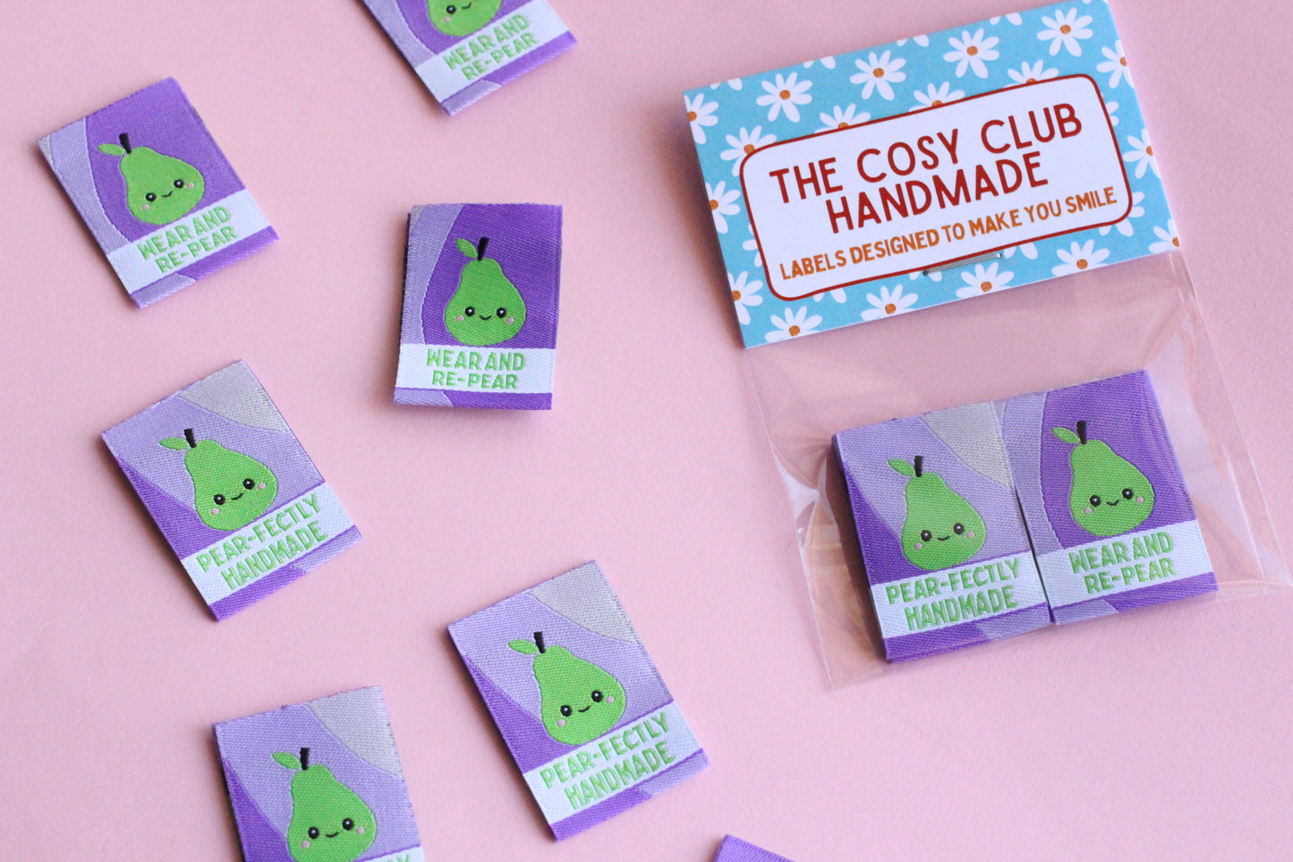 Six double-sided woven labels with "PEAR-fectly Handmade" design from The Cosy Club Handmade, displayed on a neutral background.