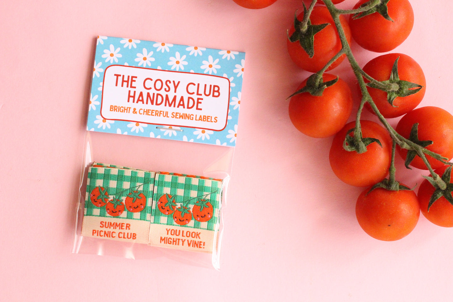 Six double-sided tomato sewing labels from The Cosy Club Handmade Summer Picnic Club collection displayed on a white background.