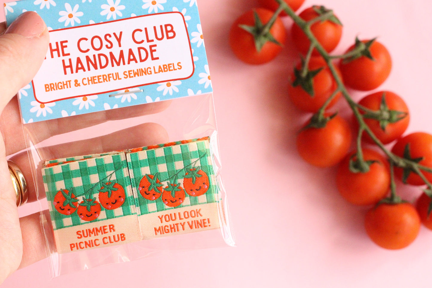 Six double-sided tomato sewing labels from Summer Picnic Club by The Cosy Club Handmade, shown on a white background.
