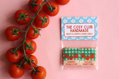 Six double-sided tomato sewing labels from Summer Picnic Club by The Cosy Club Handmade, featuring colorful, decorative design.
