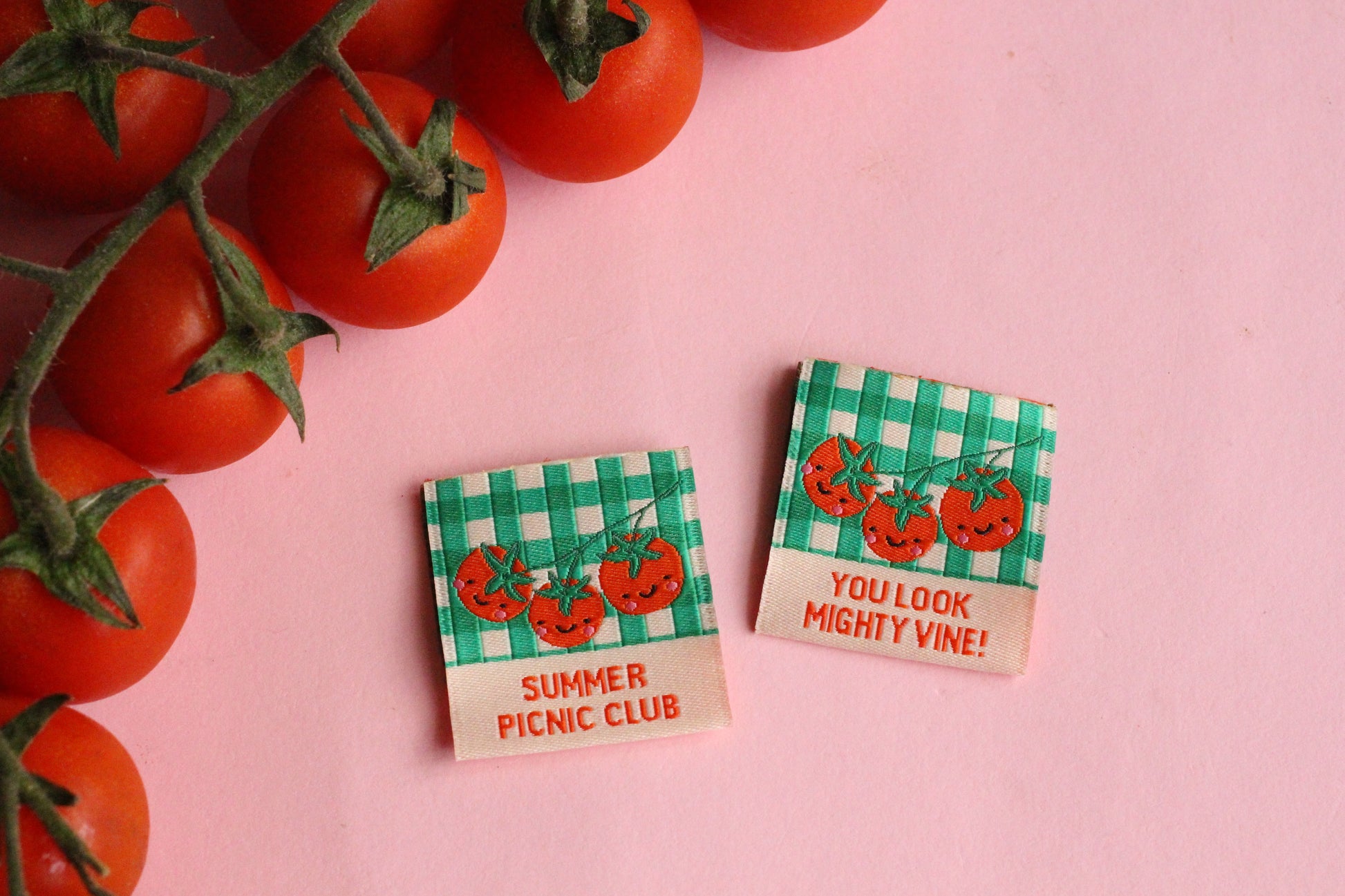 Six double-sided tomato sewing labels from The Cosy Club Handmade Summer Picnic Club collection, featuring vibrant red and white designs.