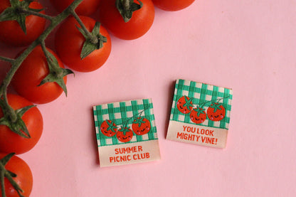 Six double-sided tomato sewing labels from The Cosy Club Handmade Summer Picnic Club collection, featuring vibrant red and white designs.