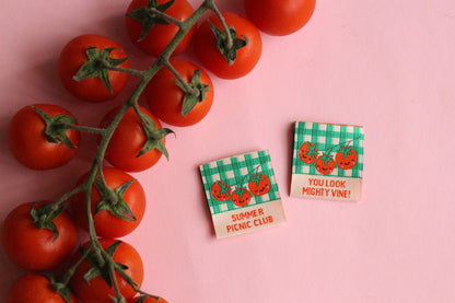 Six double-sided tomato sewing labels from The Cosy Club Handmade Summer Picnic Club collection, featuring vibrant red tomato designs.