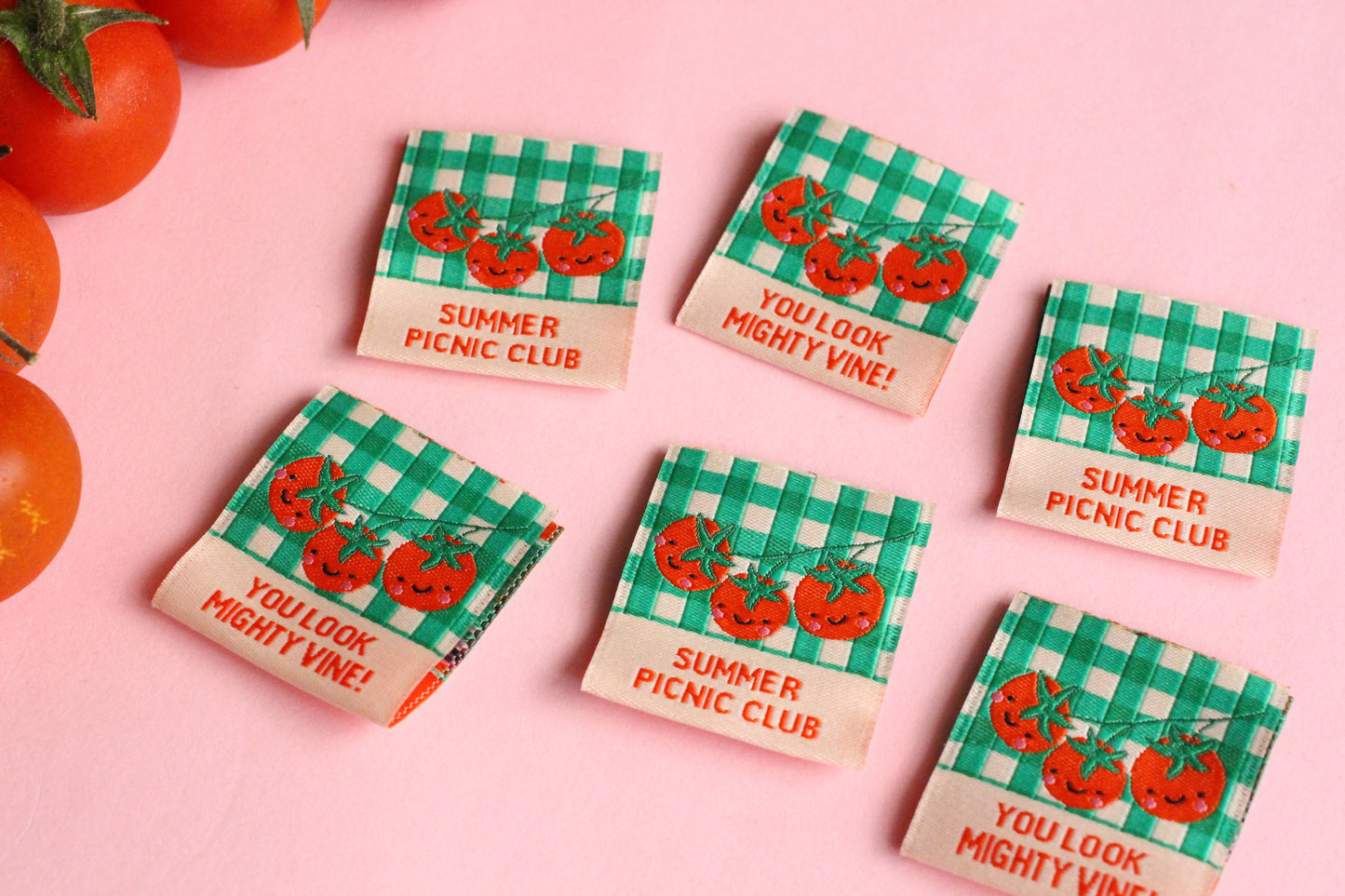 Six double-sided tomato sewing labels from The Cosy Club Handmade's Summer Picnic Club collection, featuring colorful, eco-friendly design.