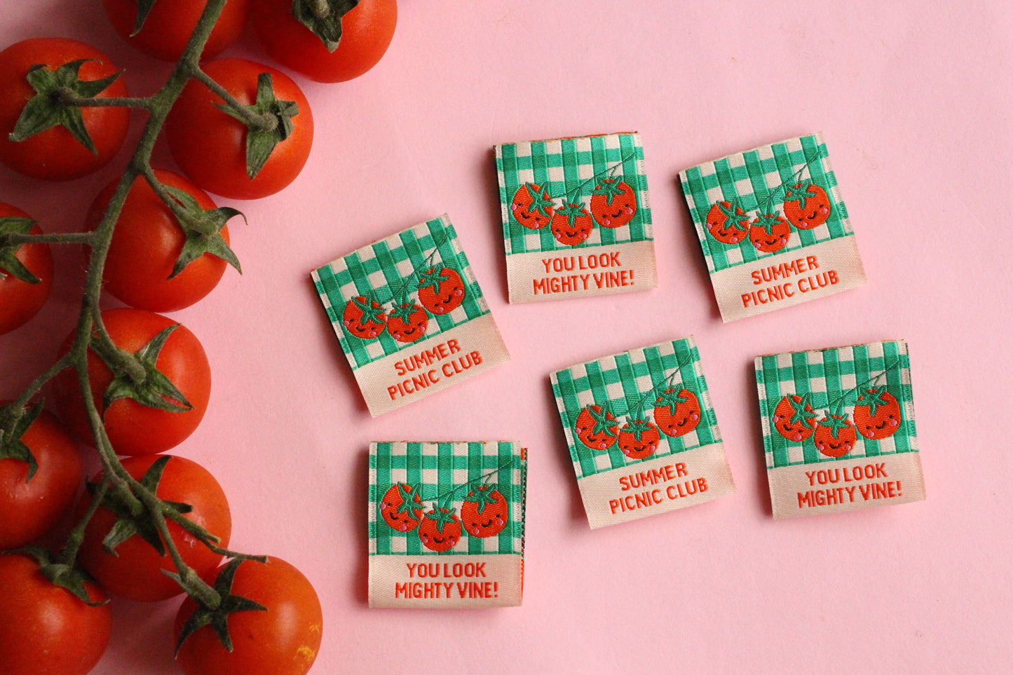 Six double-sided tomato sewing labels from The Cosy Club Handmade Summer Picnic Club collection, featuring colorful, stitched designs.