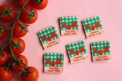 Six double-sided tomato sewing labels from The Cosy Club Handmade Summer Picnic Club collection, featuring colorful, stitched designs.