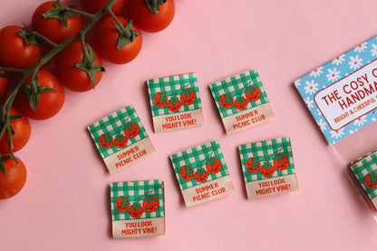 Six double-sided tomato sewing labels from The Cosy Club Handmade's Summer Picnic Club collection, featuring vibrant fabric tags.