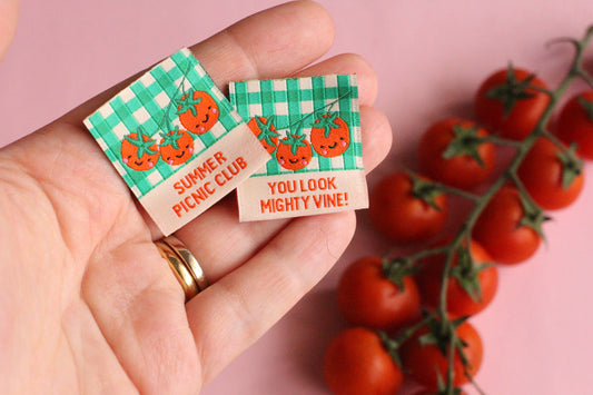 Six double-sided tomato sewing labels from The Cosy Club Handmade Summer Picnic Club collection, featuring colorful, decorative fabric tags.