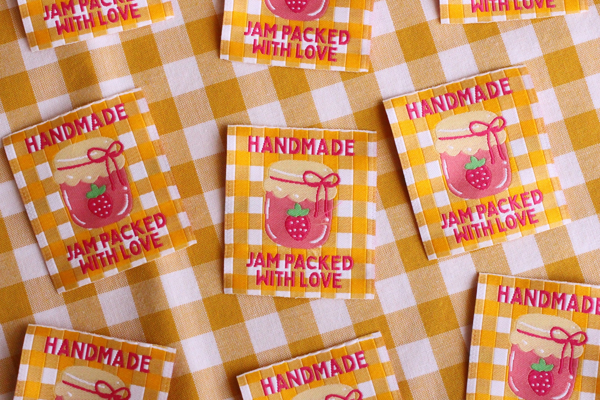 Handmade jam-themed sewing labels from The Cosy Club Handmade, featuring colorful, jam jar designs for craft projects.