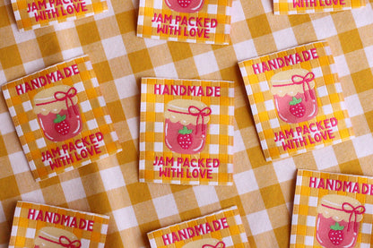 Handmade jam-themed sewing labels from The Cosy Club Handmade, featuring colorful, jam jar designs for craft projects.