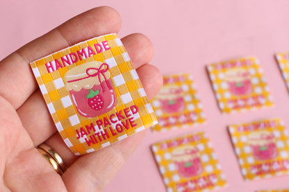 Handmade jam-packed sewing labels from The Cosy Club Handmade, featuring five colorful, homemade jam-themed fabric labels.