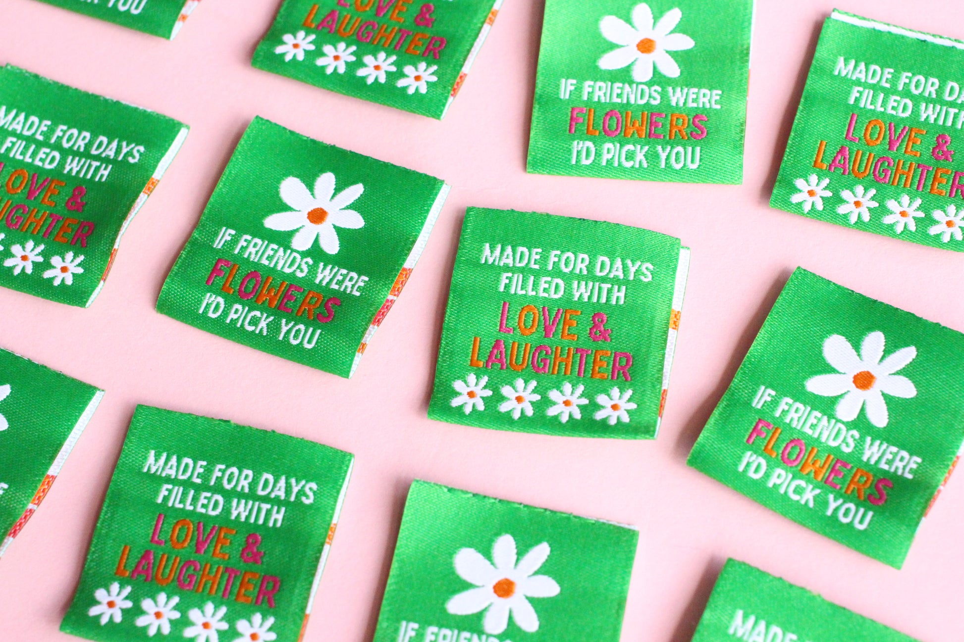 Six double-sided woven labels featuring the phrase "If Friends Were Flowers, I'd Pick You" by The Cosy Club Handmade.