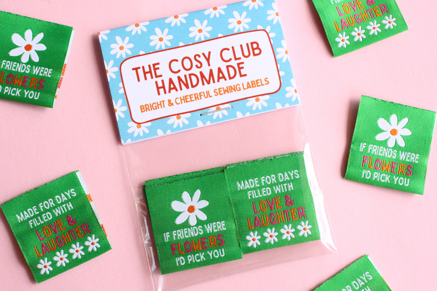 Six double-sided woven labels with "If Friends Were Flowers, I'd Pick You" design by The Cosy Club Handmade.