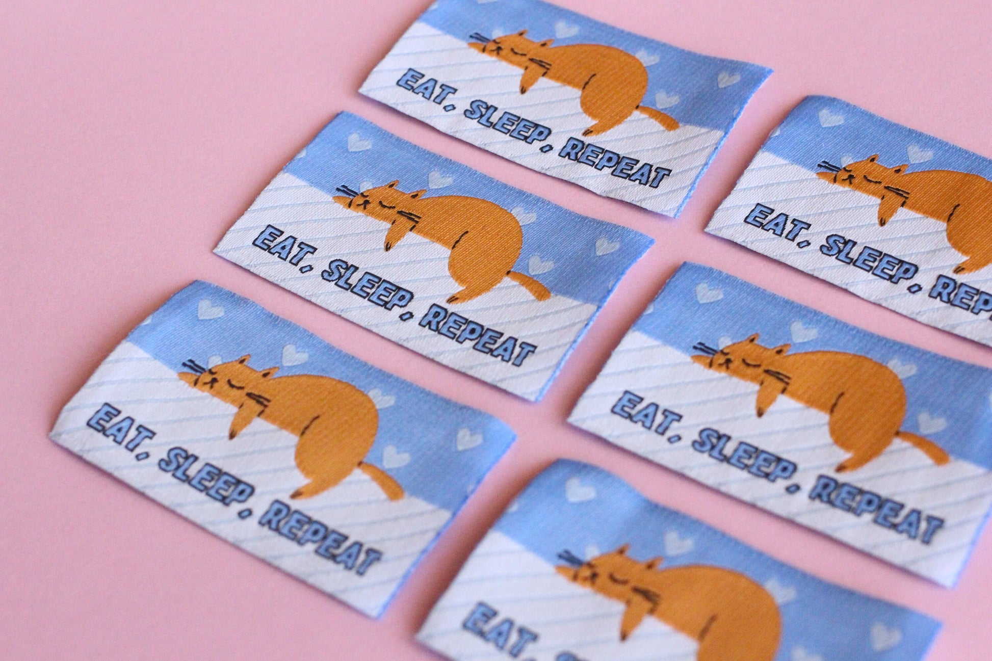 Ginger Cat Woven Sewing Labels: 'Eat Sleep Repeat' Pack of 5 Super Soft High Quality Fun Sewing Tags for Handmade Projects, Quilting, Crafts - The Cosy Club Handmade