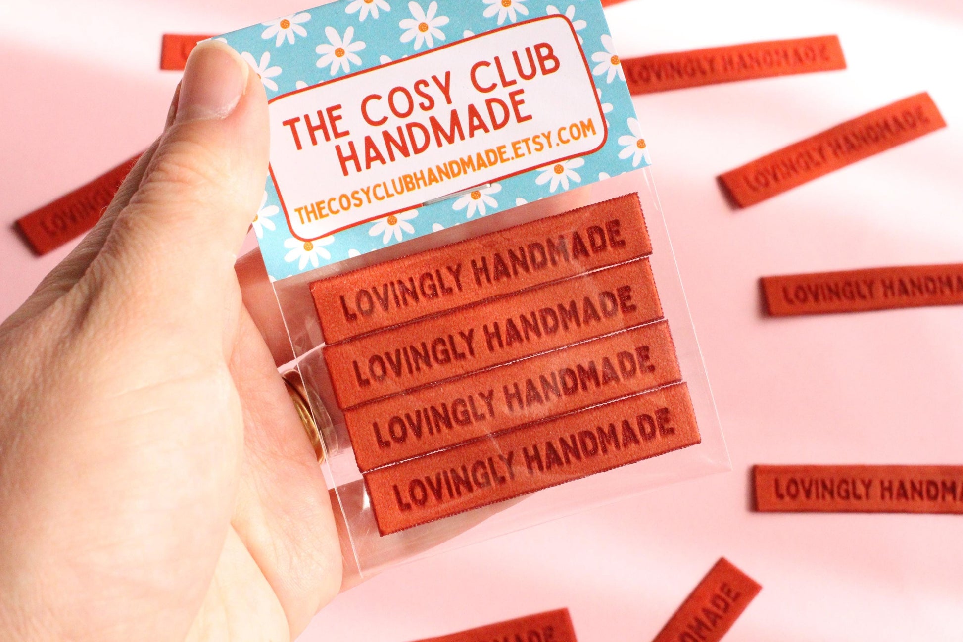 Velvet labels for handmade clothes | Pack of 4 rust orange velvet sewing labels "Lovingly Handmade" | Soft velvet tags for handmade items - The Cosy Club Handmade