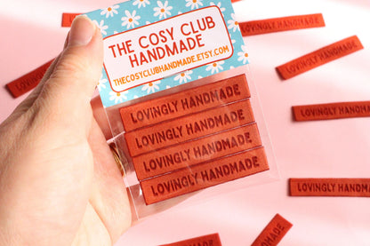 Velvet labels for handmade clothes | Pack of 4 rust orange velvet sewing labels "Lovingly Handmade" | Soft velvet tags for handmade items - The Cosy Club Handmade