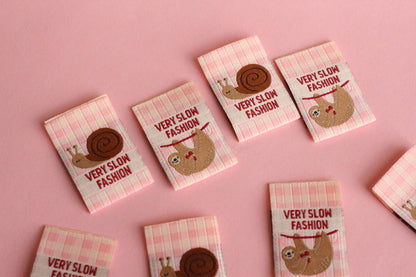 Funny Woven Sewing Labels – Pack of 6 Snail & Sloth “Very Slow Fashion” Tags, Labels for Quilting, Knitting and Crochet - The Cosy Club Handmade