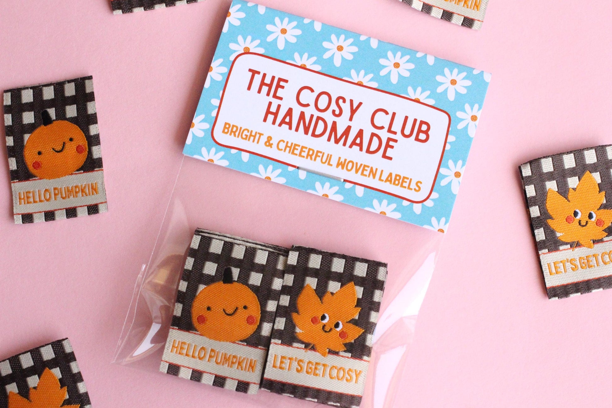 HELLO PUMPKIN / LET'S GET COSY | Autumn Fall Double Sided Woven Sewing Labels (6 Pack) - The Cosy Club Handmade