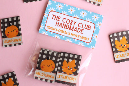 HELLO PUMPKIN / LET'S GET COSY | Autumn Fall Double Sided Woven Sewing Labels (6 Pack) - The Cosy Club Handmade