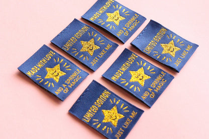 Metallic Gold Star Sewing Labels – Pack of 6 “Handmade With Love” & “Limited Edition” Double-Sided Woven Tags for Handmade Clothes - The Cosy Club Handmade