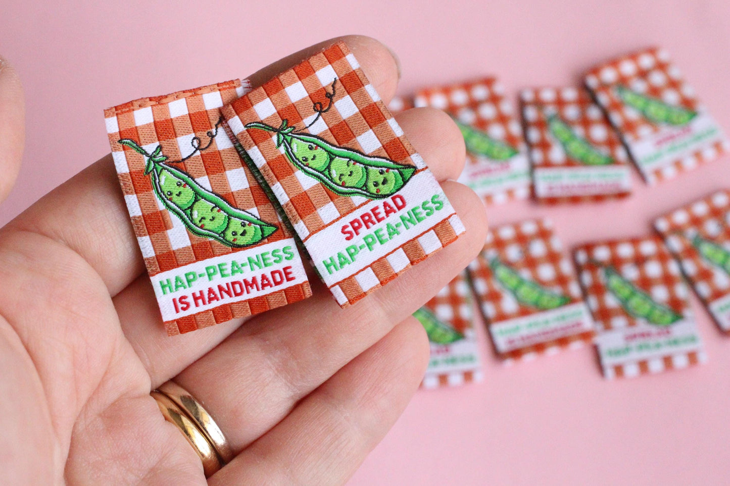 Gingham Woven Sewing Labels – Pack of 6 “Hap-Pea-Ness Is Handmade” Cute Tags, Fun Fabric Labels for Knitting, Quilting & Handmade Clothes - The Cosy Club Handmade
