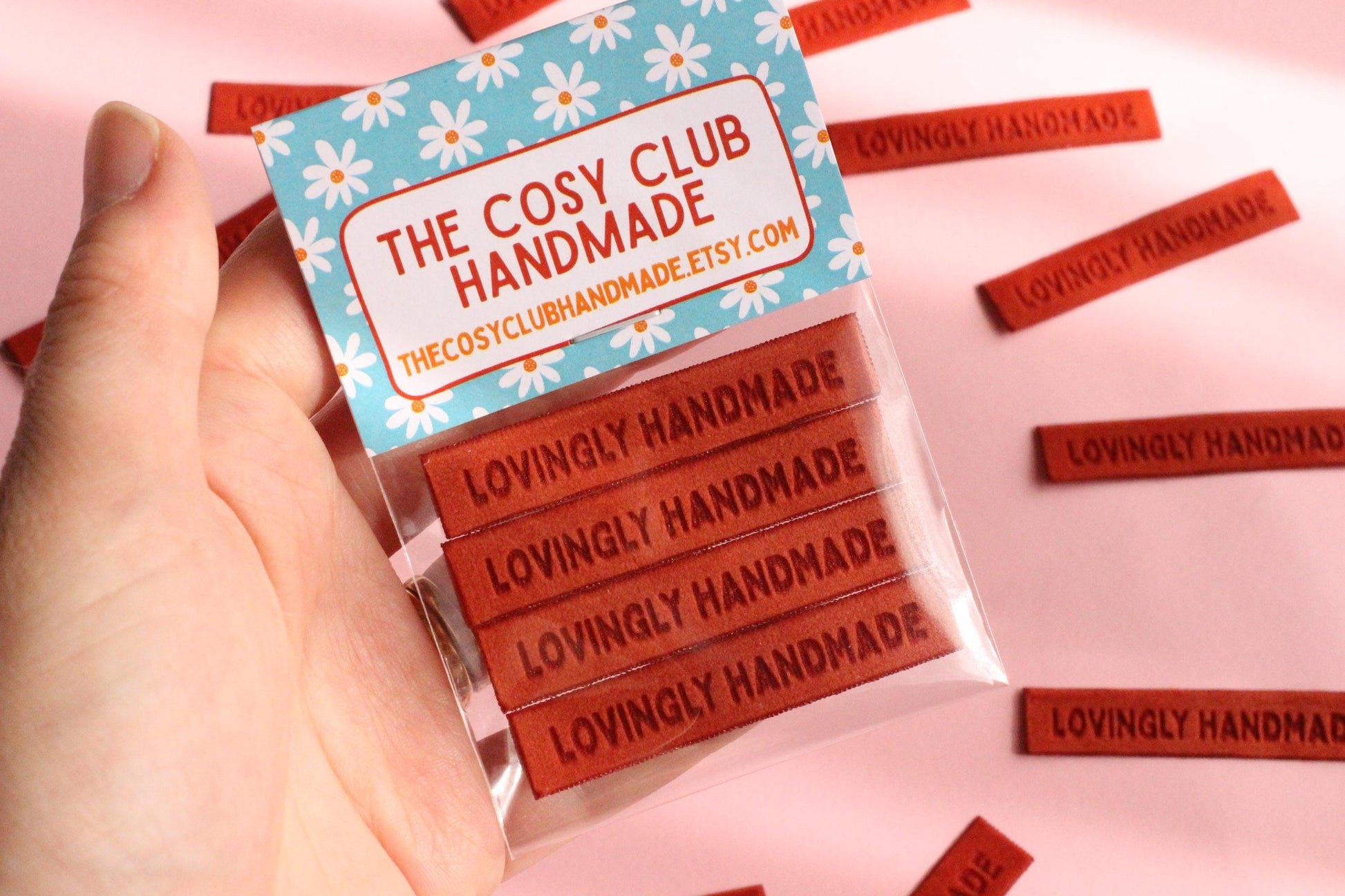 Velvet labels for handmade clothes | Pack of 4 rust orange velvet sewing labels "Lovingly Handmade" | Soft velvet tags for handmade items - The Cosy Club Handmade