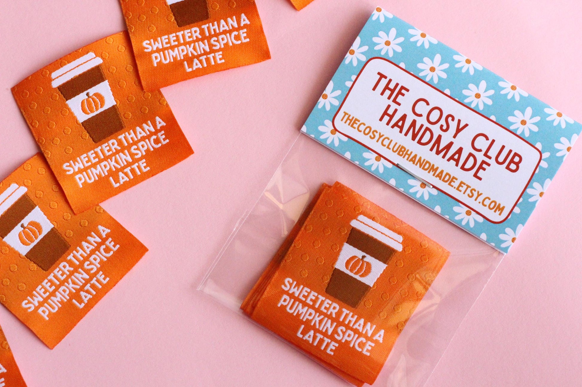 SWEETER THAN A PUMPKIN SPICE LATTE | Autumn Fall Flat Woven Sewing Labels (5 Pack) - The Cosy Club Handmade