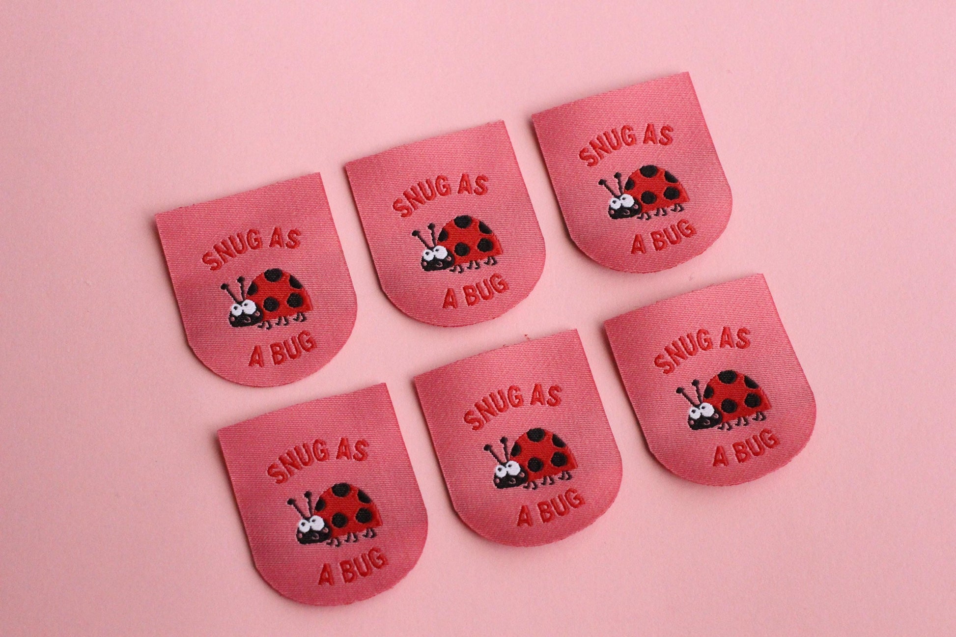 Ladybird / Ladybug Woven Sewing Labels – Pack of 5 Pink “Snug as a Bug” Cute Tags, Soft Clothing Labels for Crochet and Handmade Clothes - The Cosy Club Handmade