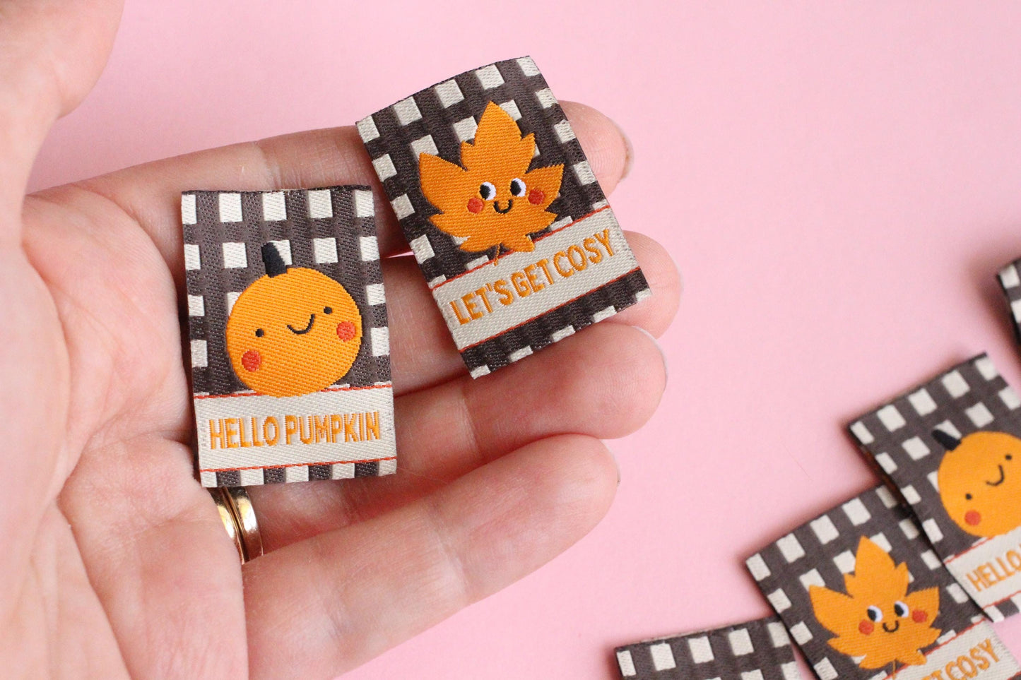 HELLO PUMPKIN / LET'S GET COSY | Autumn Fall Double Sided Woven Sewing Labels (6 Pack) - The Cosy Club Handmade