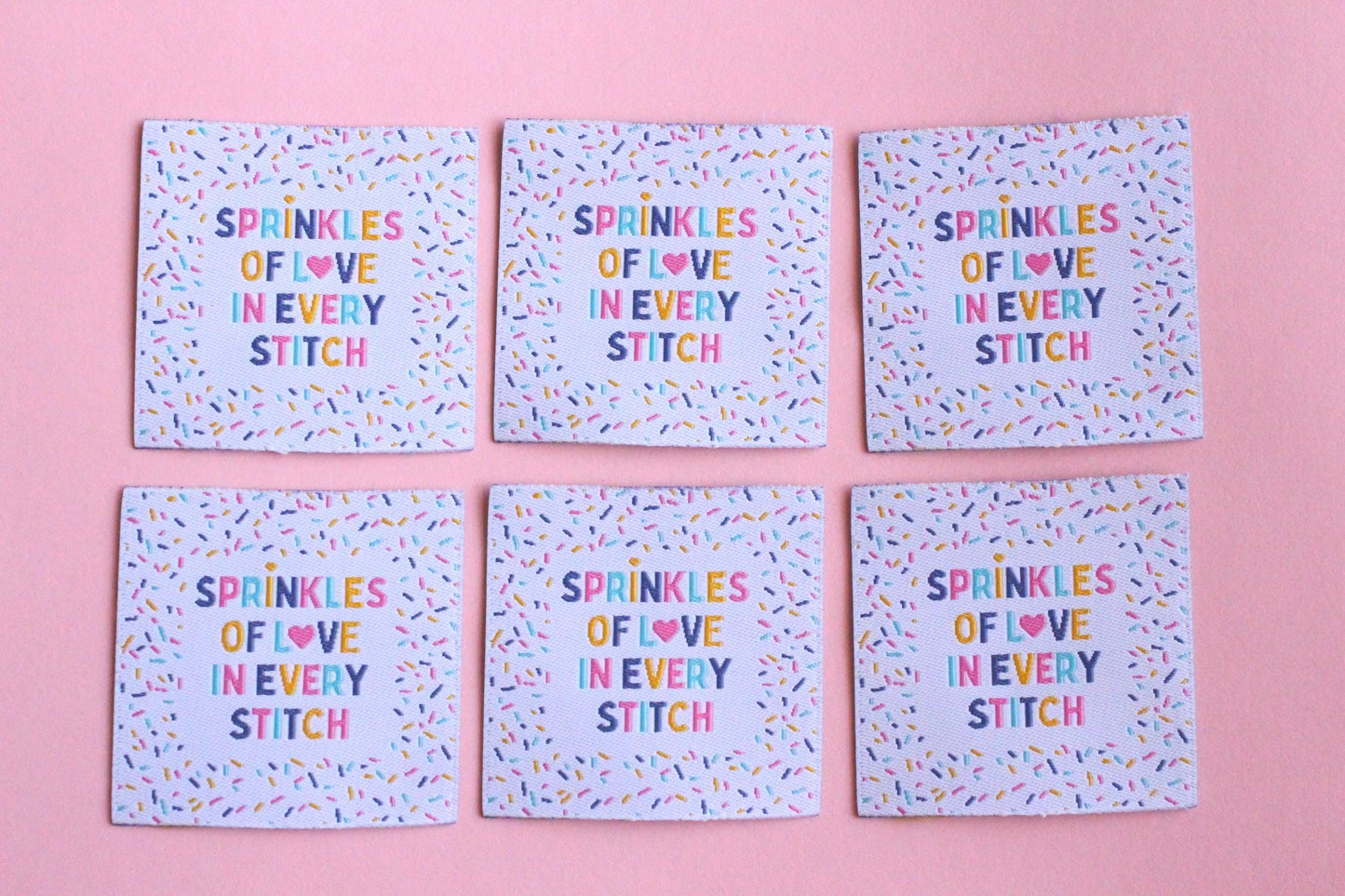 Woven Sewing Labels – Pack of 5 “Sprinkles of Love in Every Stitch” Tags, Cute Fabric Clothing Labels for Handmade Sewing Quilting Projects - The Cosy Club Handmade
