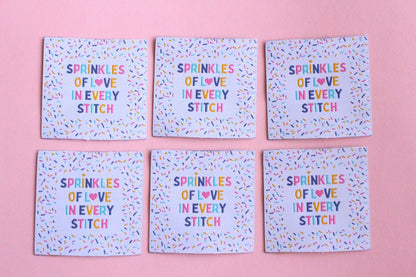 Woven Sewing Labels – Pack of 5 “Sprinkles of Love in Every Stitch” Tags, Cute Fabric Clothing Labels for Handmade Sewing Quilting Projects - The Cosy Club Handmade