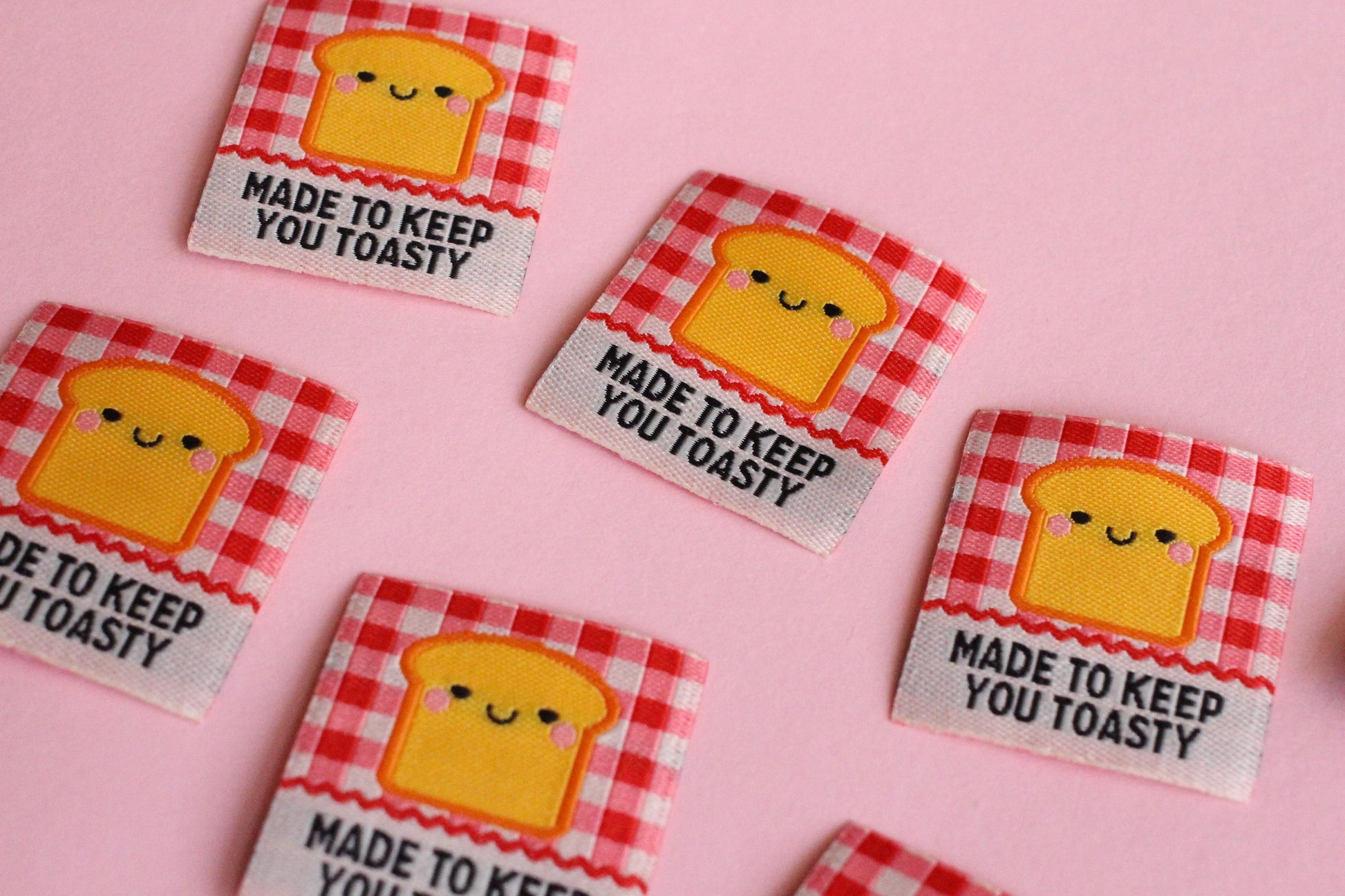 Red Gingham Woven Sewing Labels – Pack of 5 “Made to Keep You Toasty” Tags, Fun Fabric Labels for Handmade Clothes & Quilting - The Cosy Club Handmade