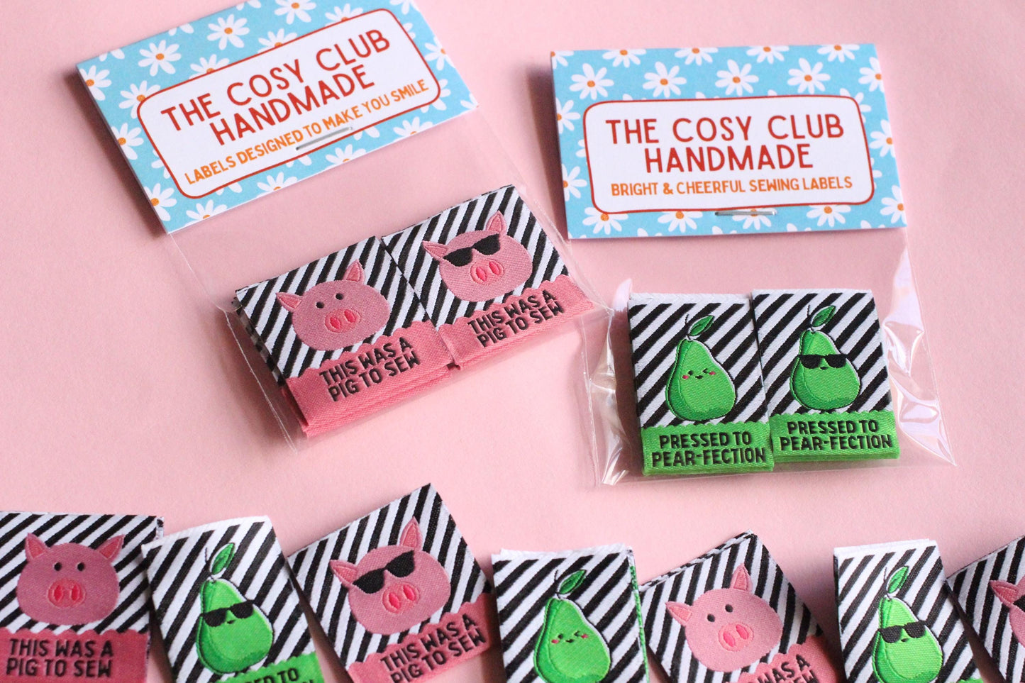 Double Sided Woven Sewing Labels | The Cosy Club Handmade x Adam Sews "Pressed to Pear-fection" "This was a Pig to Sew" Tags for Handmade - The Cosy Club Handmade