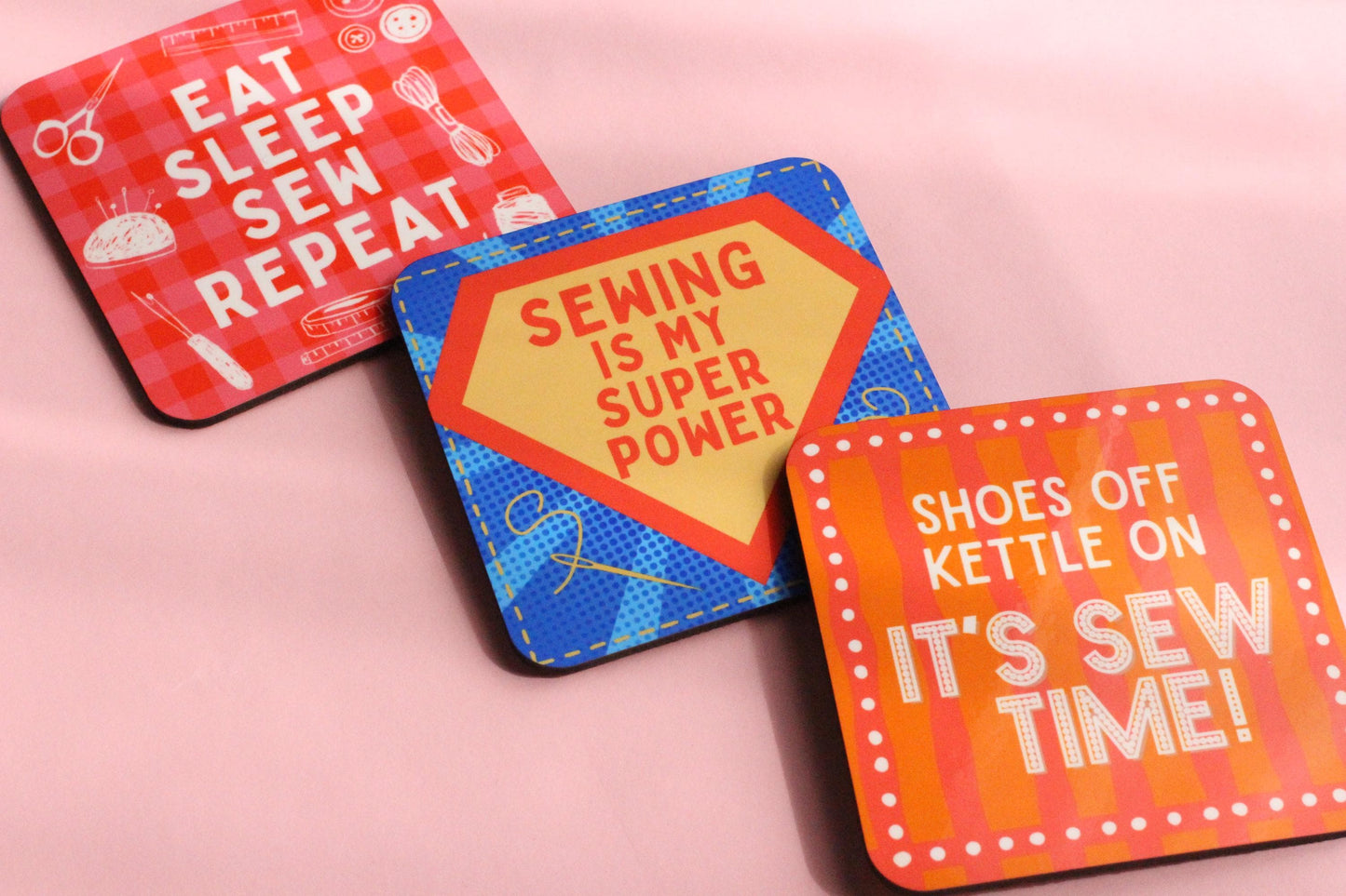FUN SEWING COASTERS - Sewing themed coasters, Gifts for sewists, High quality hardboard coasters with a glossy top layer in 3 cute designs - The Cosy Club Handmade