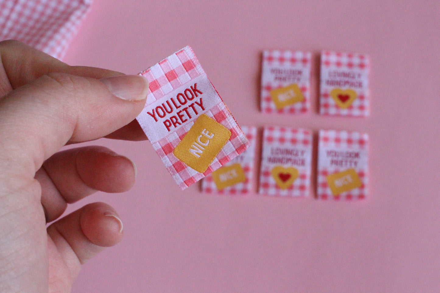Sewing labels for handmade | Pack of 6 pink gingham woven sewing labels - "Lovingly Handmade" "You Look Pretty (Nice)" | Cute clothing tag - The Cosy Club Handmade