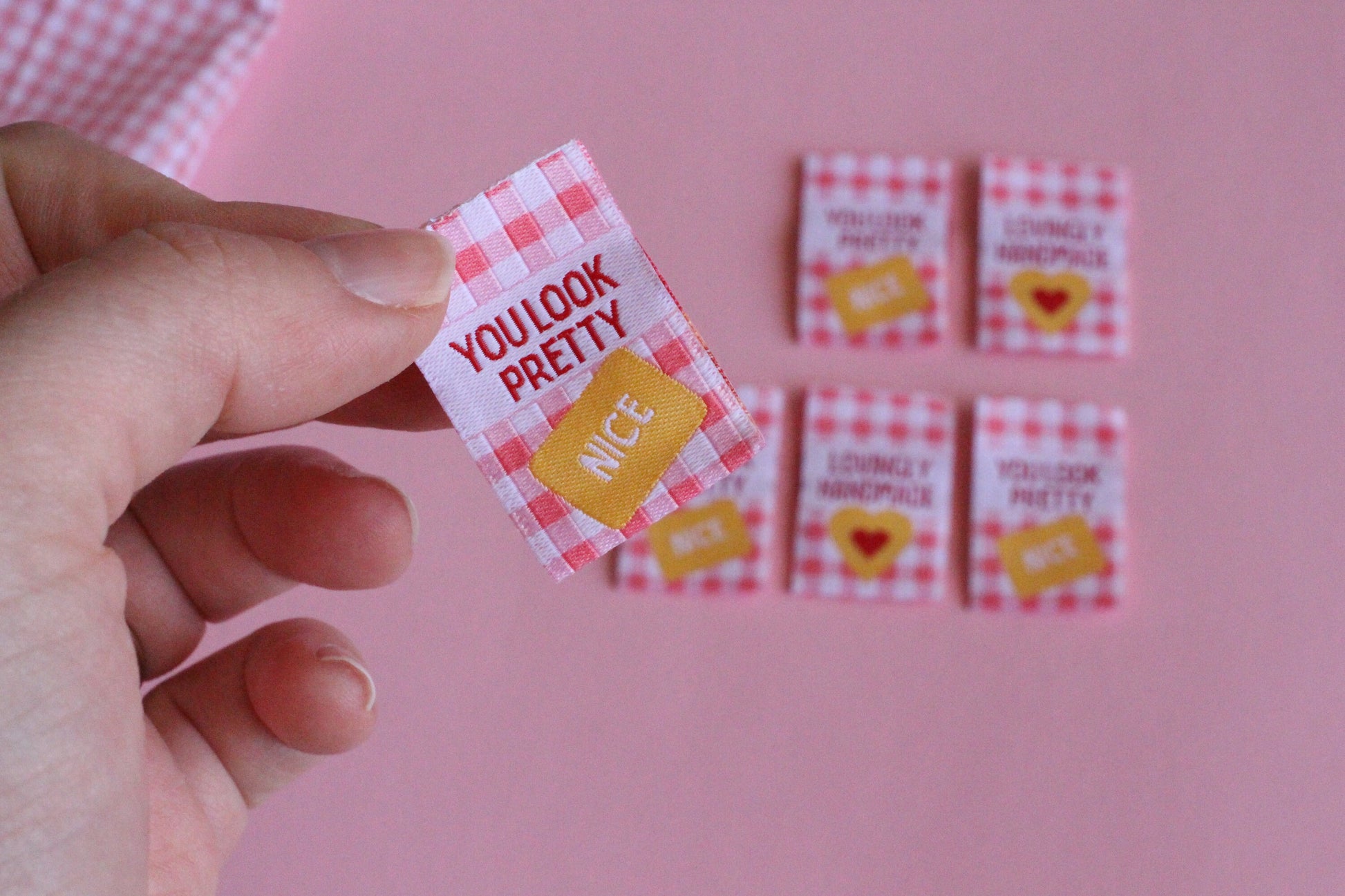 Sewing labels for handmade | Pack of 6 pink gingham woven sewing labels - "Lovingly Handmade" "You Look Pretty (Nice)" | Cute clothing tag - The Cosy Club Handmade