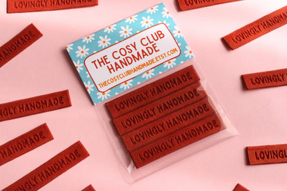 Velvet labels for handmade clothes | Pack of 4 rust orange velvet sewing labels "Lovingly Handmade" | Soft velvet tags for handmade items - The Cosy Club Handmade