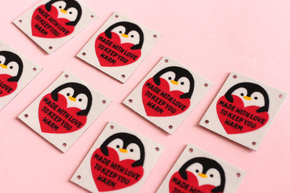 Woven KNITTING / CROCHET Labels – Pack of 5 “Made With Love To Keep You Warm” Interfaced Penguin Knitting Tags, Fabric Labels for Handmade - The Cosy Club Handmade