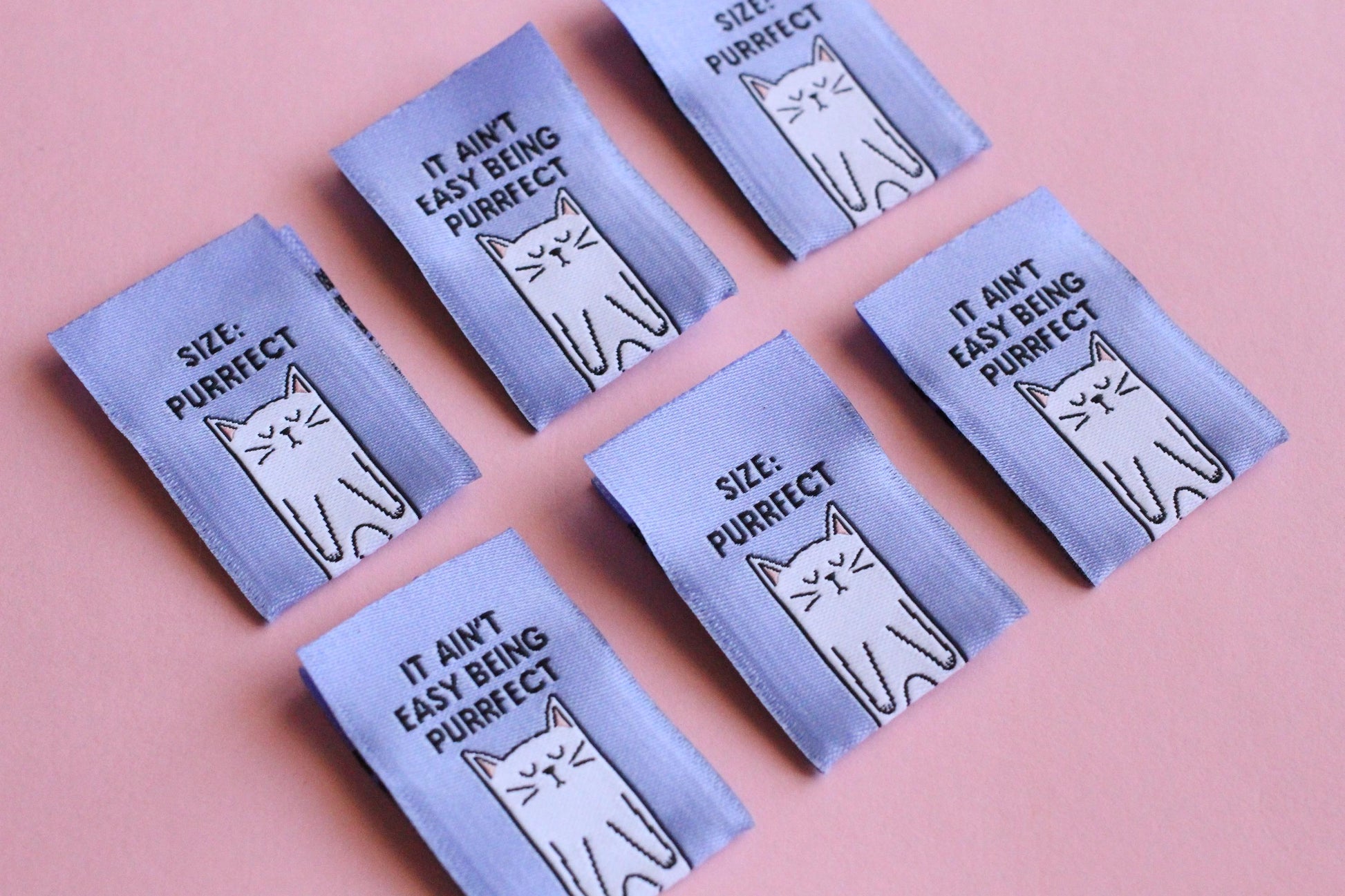 Cat Sewing Labels "Size: Purrfect" Woven Clothing Tags - Pack of 6 Double Sided Soft Woven Sewing Labels for Handmade Projects, Crochet, Fun - The Cosy Club Handmade