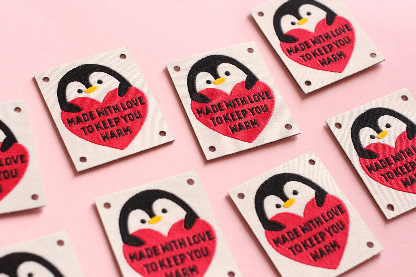 Woven KNITTING / CROCHET Labels – Pack of 5 “Made With Love To Keep You Warm” Interfaced Penguin Knitting Tags, Fabric Labels for Handmade - The Cosy Club Handmade