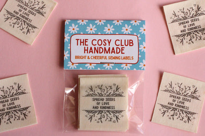 Organic Cotton Sewing Labels – Pack of 6 Unbleached “Spread Seeds of Love and Kindness” Tags, Eco-Friendly Labels for Knitting and Handmade - The Cosy Club Handmade